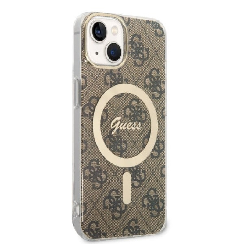 Guess GUBPP14SH4EACSW Custodia rigida per Apple iPhone 14 + caricatore wireless, 4G Print, MagSafe, marrone