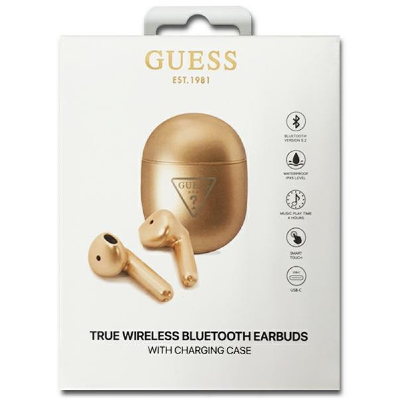 Cuffie wireless TWS in-ear Guess GUTWST82TRD con docking station, Triangle Logo, Bluetooth 5.0, oro