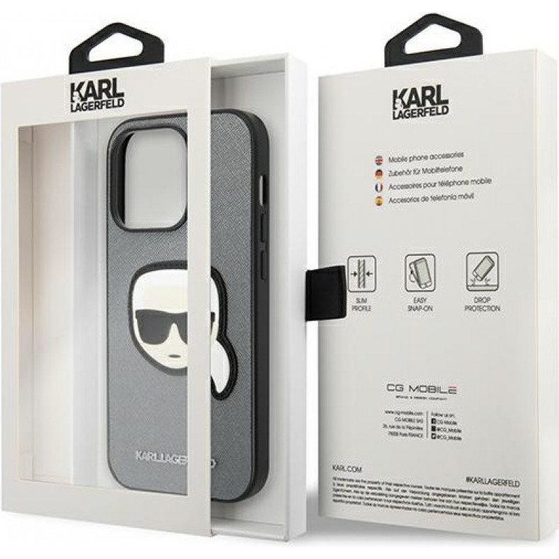 Karl Lagerfeld KLHCP14LSAPKHG Custodia rigida per Apple iPhone 14 Pro, Saffiano Karl's Head Patch, argento