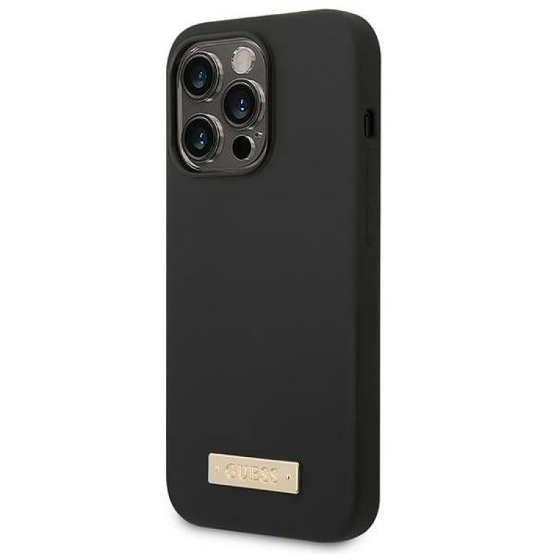 Guess GUHMP14XSBPLK Custodia rigida per Apple iPhone 14 Pro Max, silicone con placca logo MagSafe, nera