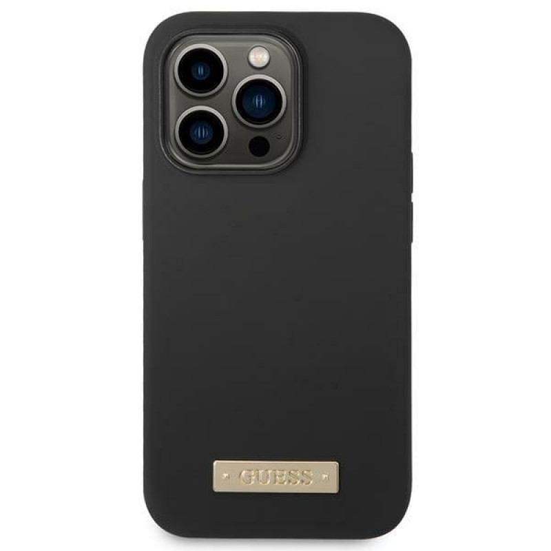 Guess GUHMP14XSBPLK Custodia rigida per Apple iPhone 14 Pro Max, silicone con placca logo MagSafe, nera
