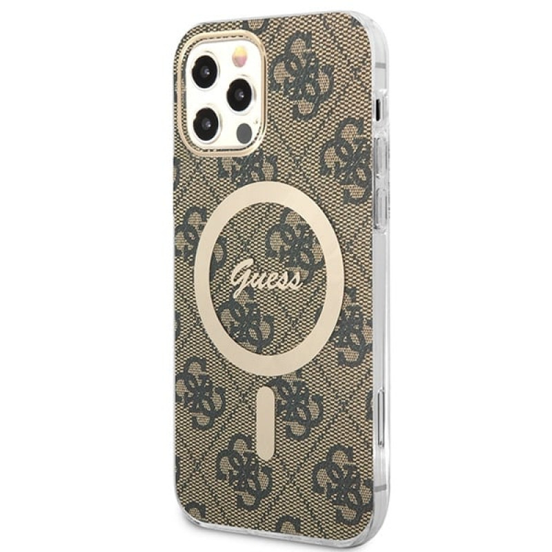 Guess GUBPP12MH4EACSW Custodia + Caricatore Wireless Apple iPhone 12 / iPhone 12 Pro Marrone Hardcase, 4G Print, MagSafe