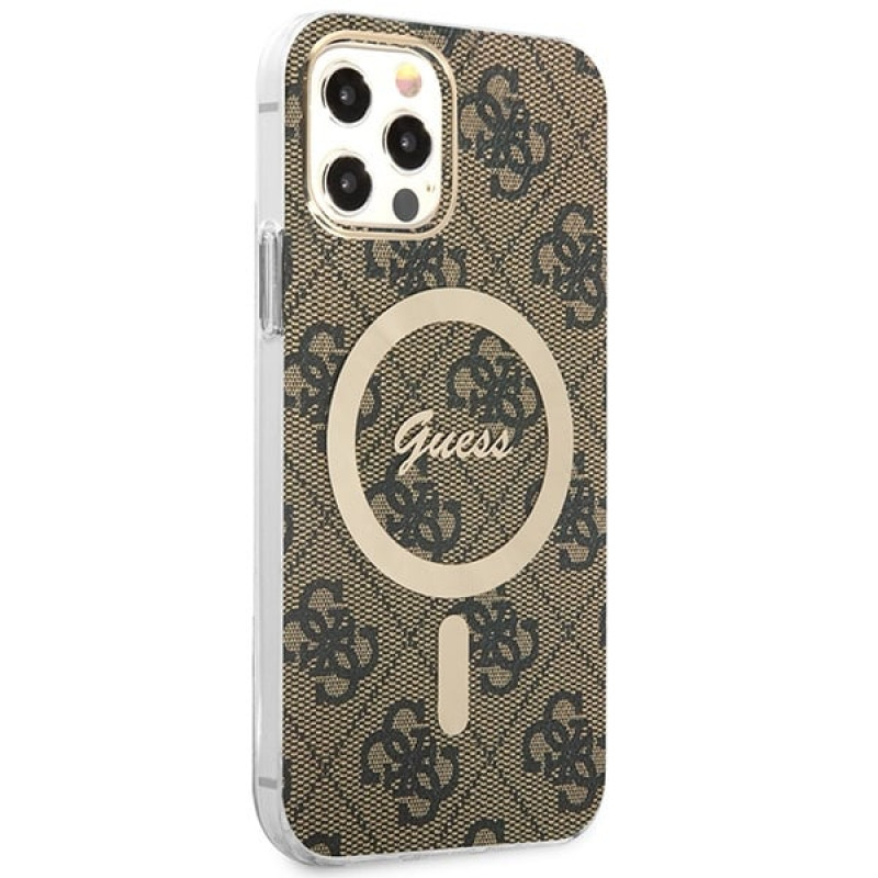 Guess GUBPP12MH4EACSW Custodia + Caricatore Wireless Apple iPhone 12 / iPhone 12 Pro Marrone Hardcase, 4G Print, MagSafe