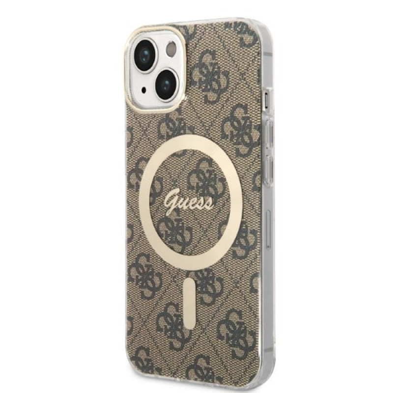 Guess GUBPP14MH4EACSW Custodia + Caricatore Wireless Apple iPhone 14 Plus / iPhone 15 Plus Hardcase Marrone, 4G Print, MagSafe