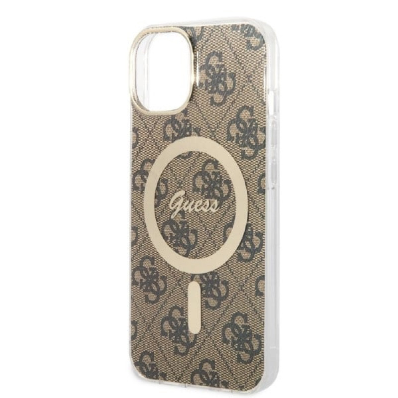 Guess GUBPP14MH4EACSW Custodia + Caricatore Wireless Apple iPhone 14 Plus / iPhone 15 Plus Hardcase Marrone, 4G Print, MagSafe