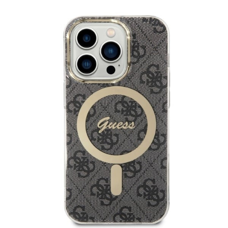 Guess GUBPP14LH4EACSK Custodia + Caricatore Wireless Apple iPhone 14 Pro nera Hardcase, 4G Print, MagSafe