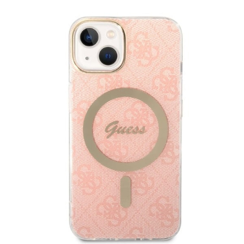 Guess GUBPP14MH4EACSP Custodia + Caricatore Wireless Apple iPhone 14 Plus / iPhone 15 Plus Rosa Hardcase, 4G Print, MagSafe