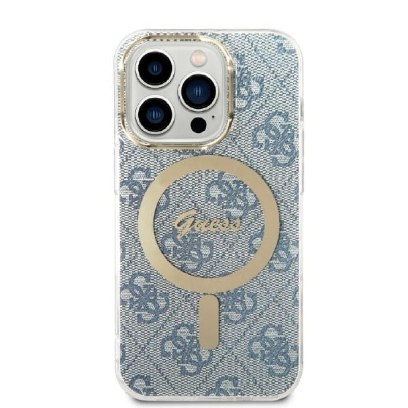 Guess GUBPP14LH4EACSB Custodia + Caricatore wireless Apple iPhone 14 Pro blu hardcase, 4G Print, MagSafe