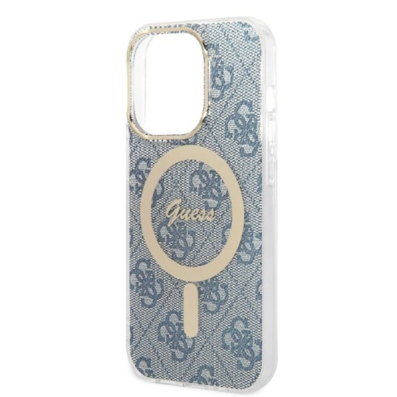 Guess GUBPP14LH4EACSB Custodia + Caricatore wireless Apple iPhone 14 Pro blu hardcase, 4G Print, MagSafe