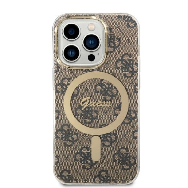 Guess GUBPP14LH4EACSW Custodia + Caricatore Wireless Apple iPhone 14 Pro Marrone Hardcase, 4G Print, MagSafe