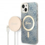 Custodia + caricatore wireless Guess GUBPP14MH4EACSB per Apple iPhone 14 Plus / iPhone 15 Plus blu, hardcase, 4G Print, MagSafe