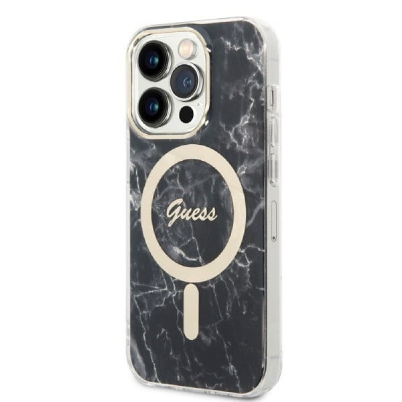 Guess GUBPP14XHMEACSK Custodia + Caricatore Wireless per Apple iPhone 14 Pro Max, nera, hardcase, Marble, MagSafe
