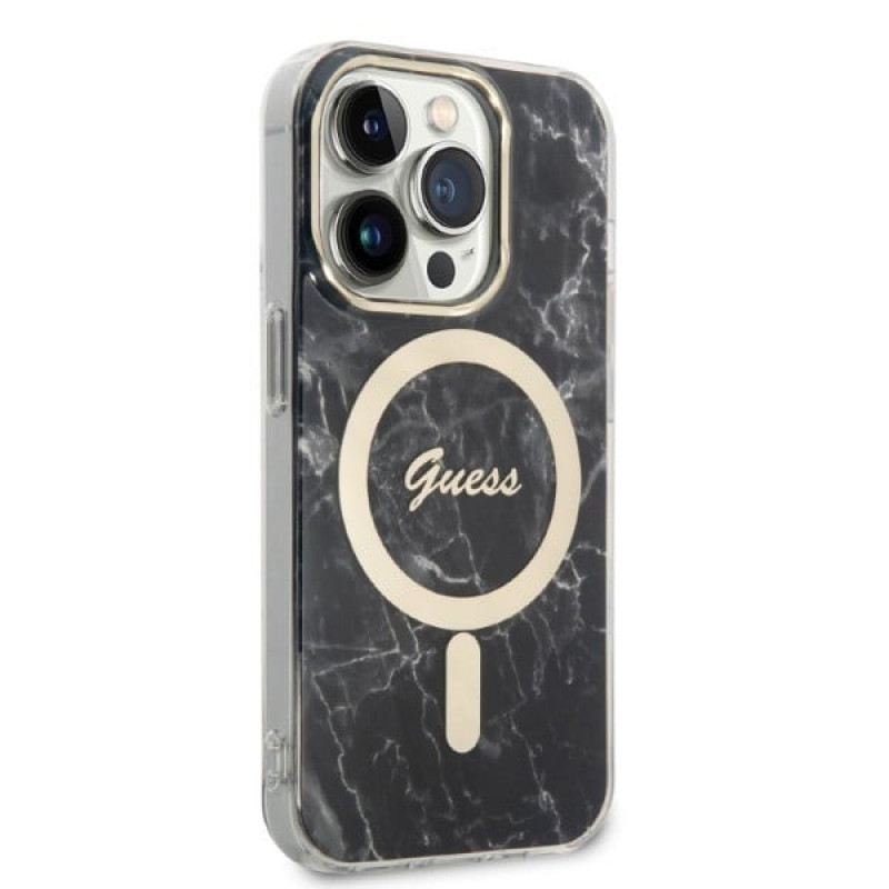 Guess GUBPP14XHMEACSK Custodia + Caricatore Wireless per Apple iPhone 14 Pro Max, nera, hardcase, Marble, MagSafe
