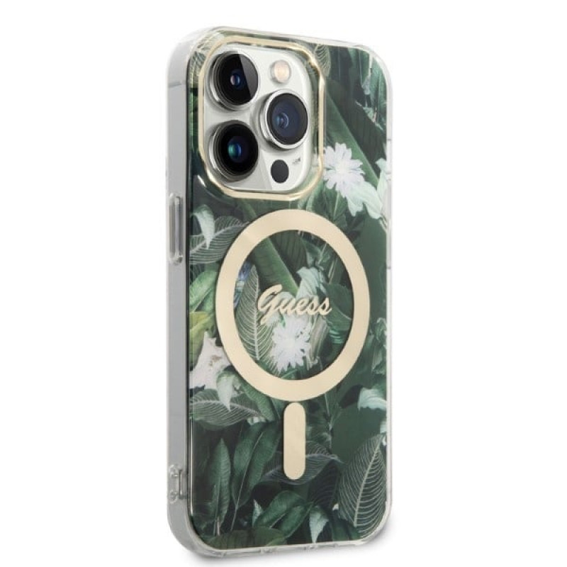 Guess GUBPP14LHJEACSA Custodia + Caricatore wireless Apple iPhone 14 Pro verde hardcase, Jungle, MagSafe