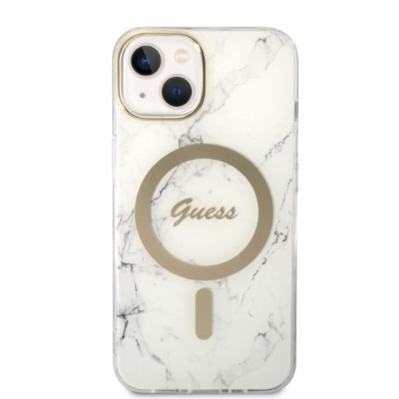 Custodia + caricatore wireless Guess GUBPP14MHMEACSH per Apple iPhone 14 Plus / iPhone 15 Plus, bianca, hardcase, Marble, MagSafe