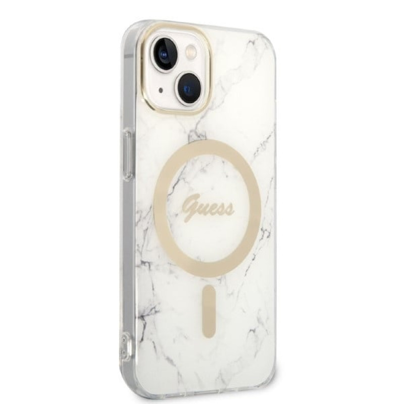 Custodia + caricatore wireless Guess GUBPP14MHMEACSH per Apple iPhone 14 Plus / iPhone 15 Plus, bianca, hardcase, Marble, MagSafe