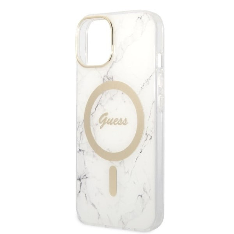 Custodia + caricatore wireless Guess GUBPP14MHMEACSH per Apple iPhone 14 Plus / iPhone 15 Plus, bianca, hardcase, Marble, MagSafe