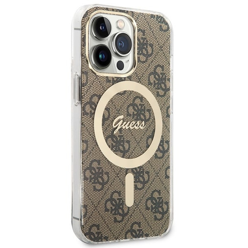 Guess GUBPP13LH4EACSW Custodia + Caricatore wireless Apple iPhone 13 Pro marrone hardcase, 4G Print, MagSafe