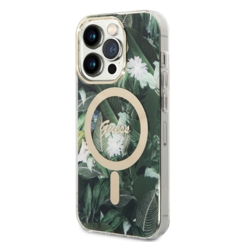 Guess GUBPP14XHJEACSA Custodia + Caricatore wireless per Apple iPhone 14 Pro Max, Jungle, custodia rigida verde, MagSafe