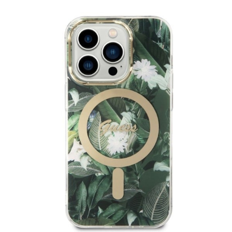 Guess GUBPP14XHJEACSA Custodia + Caricatore wireless per Apple iPhone 14 Pro Max, Jungle, custodia rigida verde, MagSafe