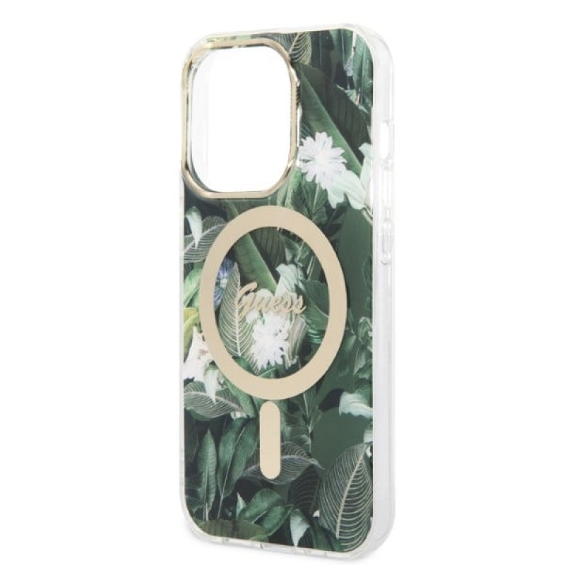 Guess GUBPP14XHJEACSA Custodia + Caricatore wireless per Apple iPhone 14 Pro Max, Jungle, custodia rigida verde, MagSafe