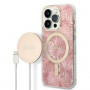 Guess GUBPP14LHJEACSP Custodia + Caricatore wireless per Apple iPhone 14 Pro, Jungle, custodia rigida rosa, MagSafe