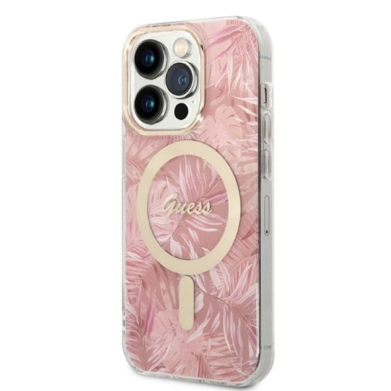 Guess GUBPP14LHJEACSP Custodia + Caricatore wireless per Apple iPhone 14 Pro, Jungle, custodia rigida rosa, MagSafe