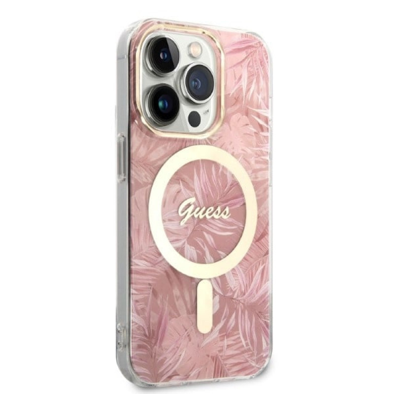 Guess GUBPP14LHJEACSP Custodia + Caricatore wireless per Apple iPhone 14 Pro, Jungle, custodia rigida rosa, MagSafe