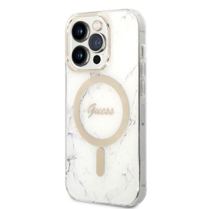 Custodia Guess GUBPP14LHMEACSH + caricatore wireless per Apple iPhone 14 Pro, bianca, hardcase, Marble, MagSafe