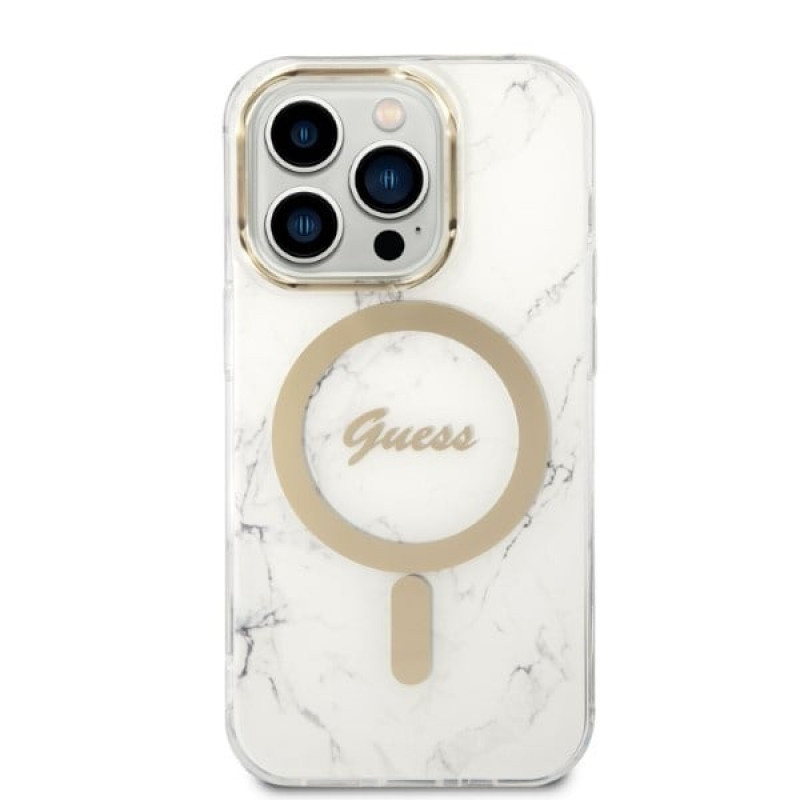 Custodia Guess GUBPP14LHMEACSH + caricatore wireless per Apple iPhone 14 Pro, bianca, hardcase, Marble, MagSafe