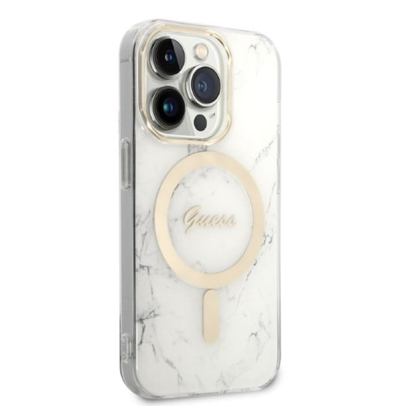 Custodia Guess GUBPP14LHMEACSH + caricatore wireless per Apple iPhone 14 Pro, bianca, hardcase, Marble, MagSafe