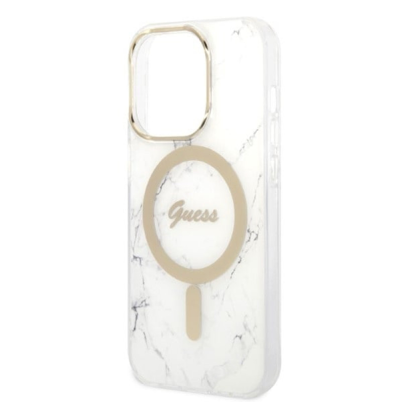 Custodia Guess GUBPP14LHMEACSH + caricatore wireless per Apple iPhone 14 Pro, bianca, hardcase, Marble, MagSafe