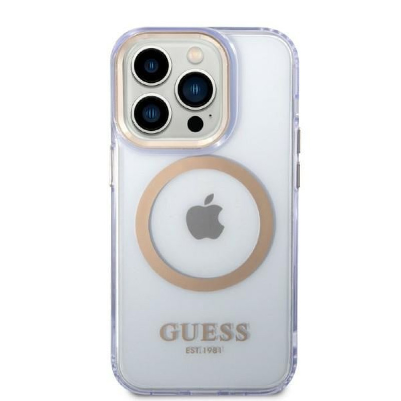 Guess GUHMP14XHTCMU Custodia rigida viola per Apple iPhone 14 Pro Max, Gold Outline Translucent, MagSafe