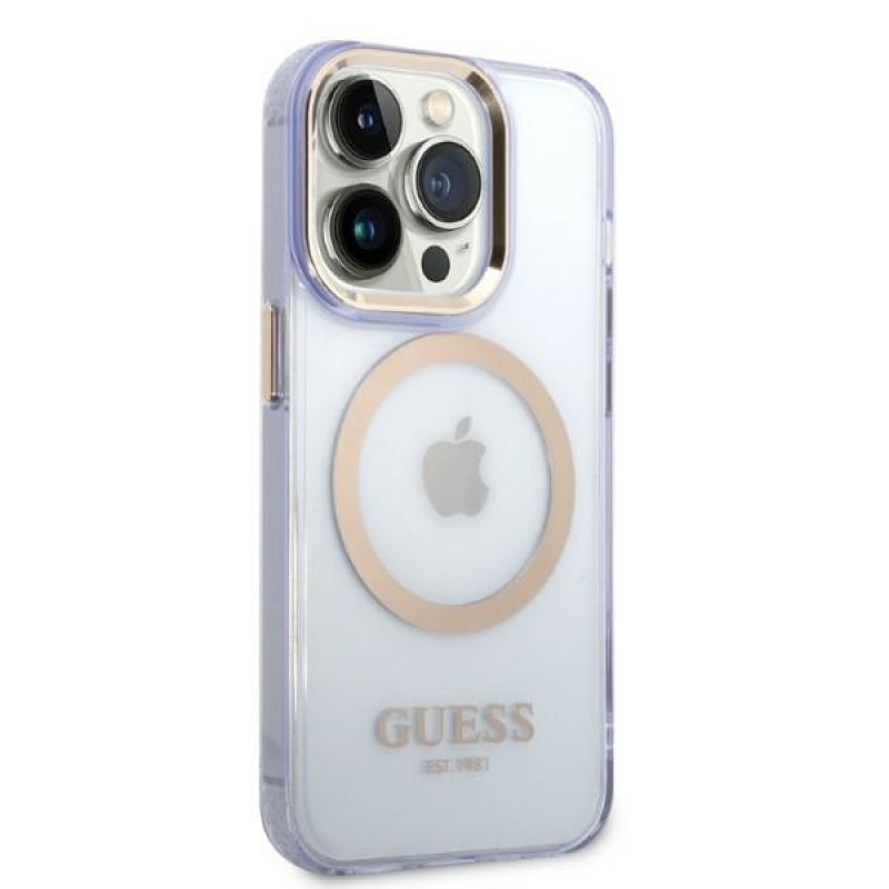 Guess GUHMP14XHTCMU Custodia rigida viola per Apple iPhone 14 Pro Max, Gold Outline Translucent, MagSafe
