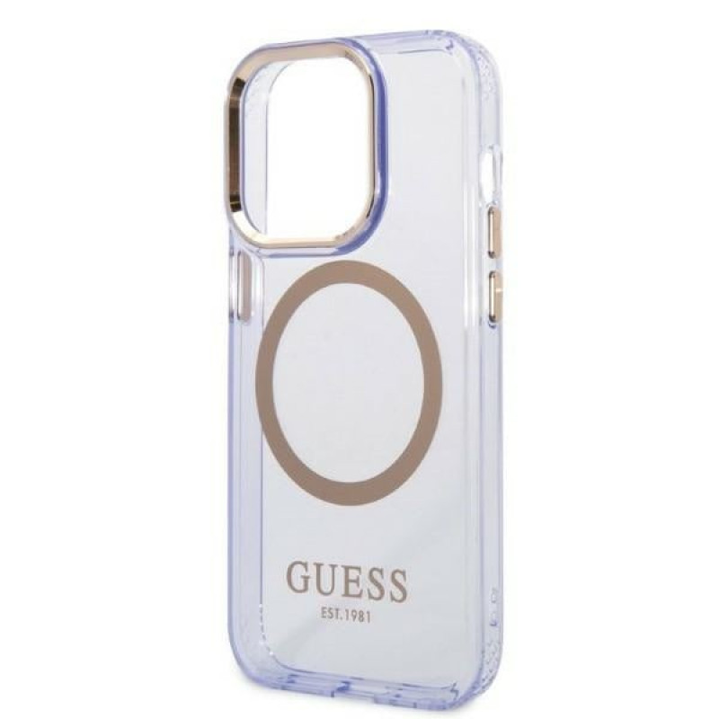 Guess GUHMP14XHTCMU Custodia rigida viola per Apple iPhone 14 Pro Max, Gold Outline Translucent, MagSafe