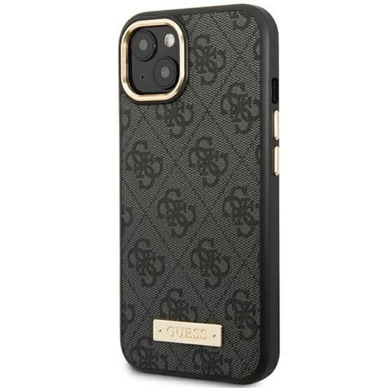Custodia rigida nera Guess GUHMP14MU4GPRK per Apple iPhone 14 Plus / 15 Plus, 4G Logo Plate, MagSafe