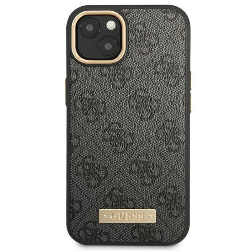 Custodia rigida nera Guess GUHMP14MU4GPRK per Apple iPhone 14 Plus / 15 Plus, 4G Logo Plate, MagSafe