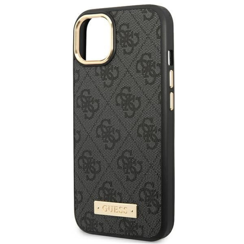 Custodia rigida nera Guess GUHMP14MU4GPRK per Apple iPhone 14 Plus / 15 Plus, 4G Logo Plate, MagSafe