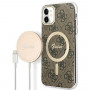 Custodia + caricatore wireless Guess GUBPN61H4EACSW per Apple iPhone 11, 4G Print, custodia rigida marrone, MagSafe