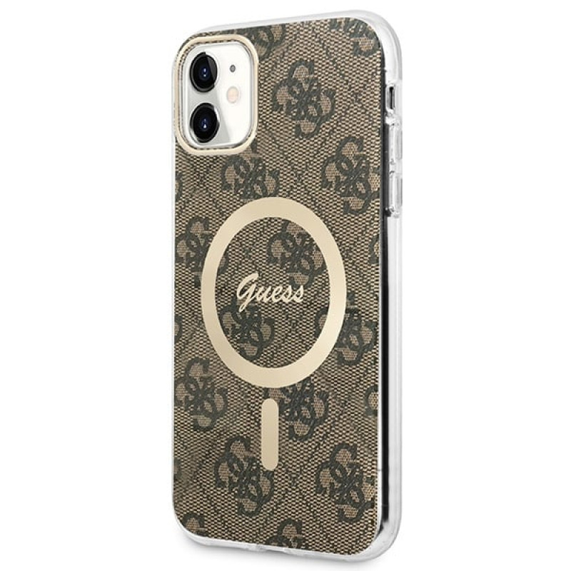 Custodia + caricatore wireless Guess GUBPN61H4EACSW per Apple iPhone 11, 4G Print, custodia rigida marrone, MagSafe