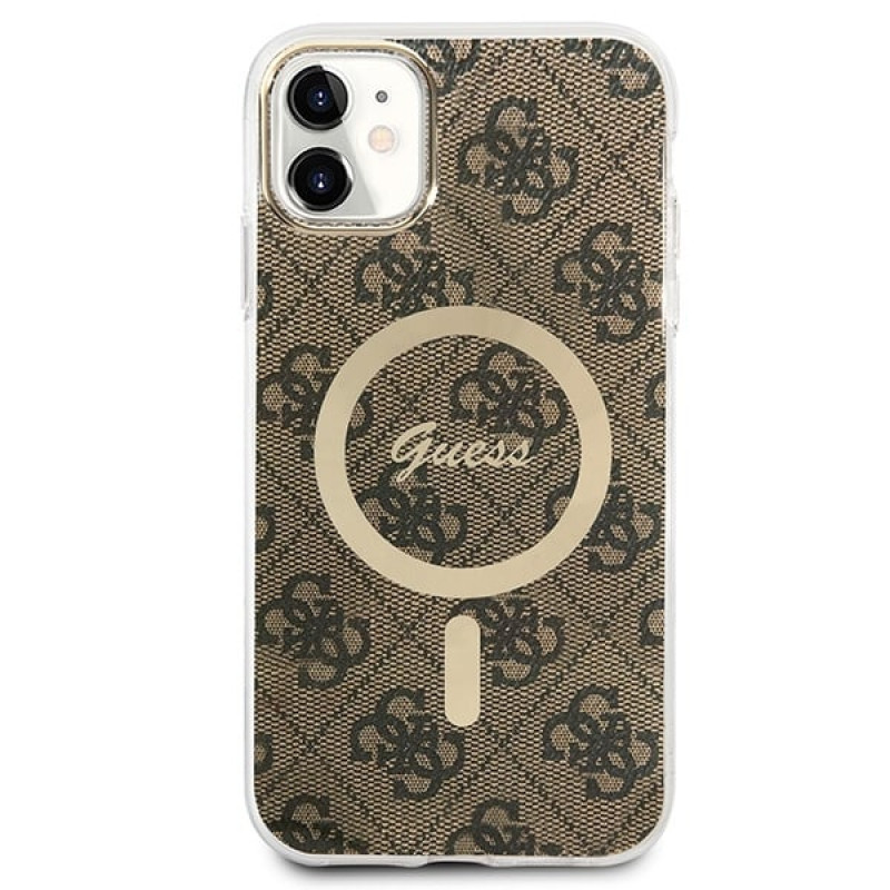 Custodia + caricatore wireless Guess GUBPN61H4EACSW per Apple iPhone 11, 4G Print, custodia rigida marrone, MagSafe