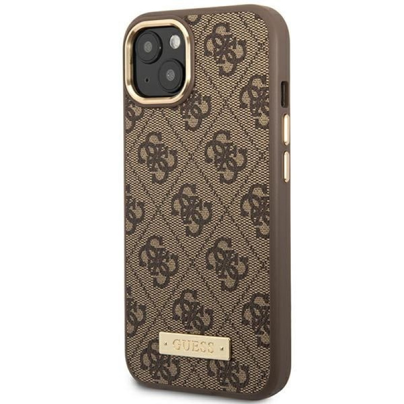 Guess GUHMP14MU4GPRW custodia rigida marrone per Apple iPhone 14 Plus / 15 Plus, 4G Logo Plate, MagSafe