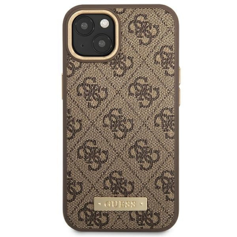 Guess GUHMP14MU4GPRW custodia rigida marrone per Apple iPhone 14 Plus / 15 Plus, 4G Logo Plate, MagSafe