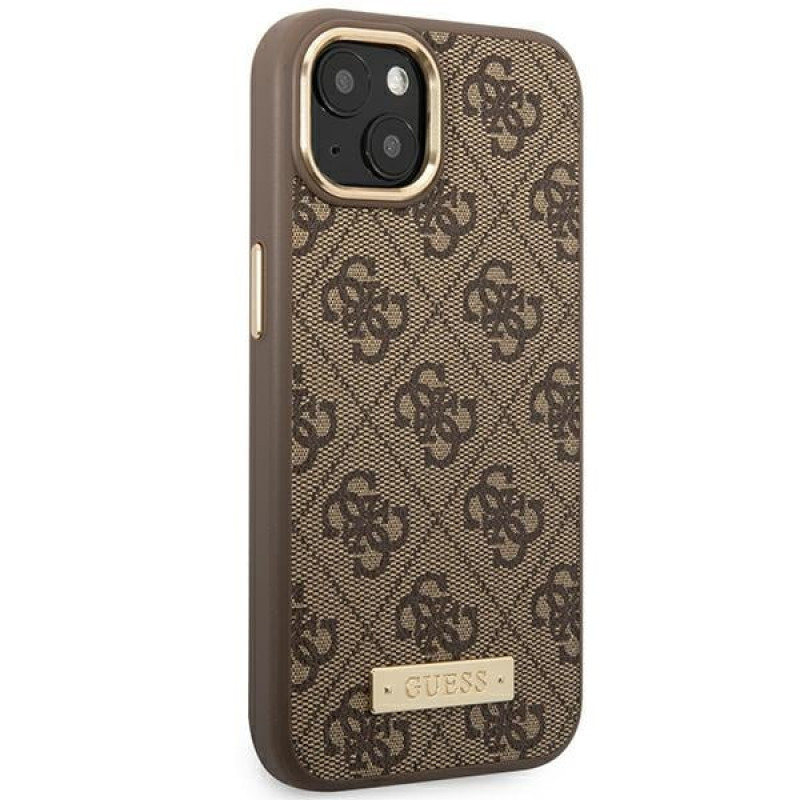 Guess GUHMP14MU4GPRW custodia rigida marrone per Apple iPhone 14 Plus / 15 Plus, 4G Logo Plate, MagSafe