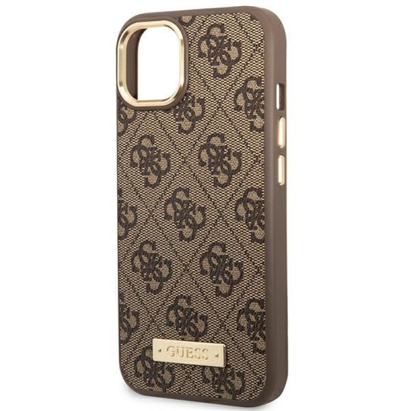 Guess GUHMP14MU4GPRW custodia rigida marrone per Apple iPhone 14 Plus / 15 Plus, 4G Logo Plate, MagSafe