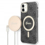 Guess GUBPN61H4EACSK Custodia + Caricatore wireless per Apple iPhone 11, 4G Print, custodia rigida nera, MagSafe