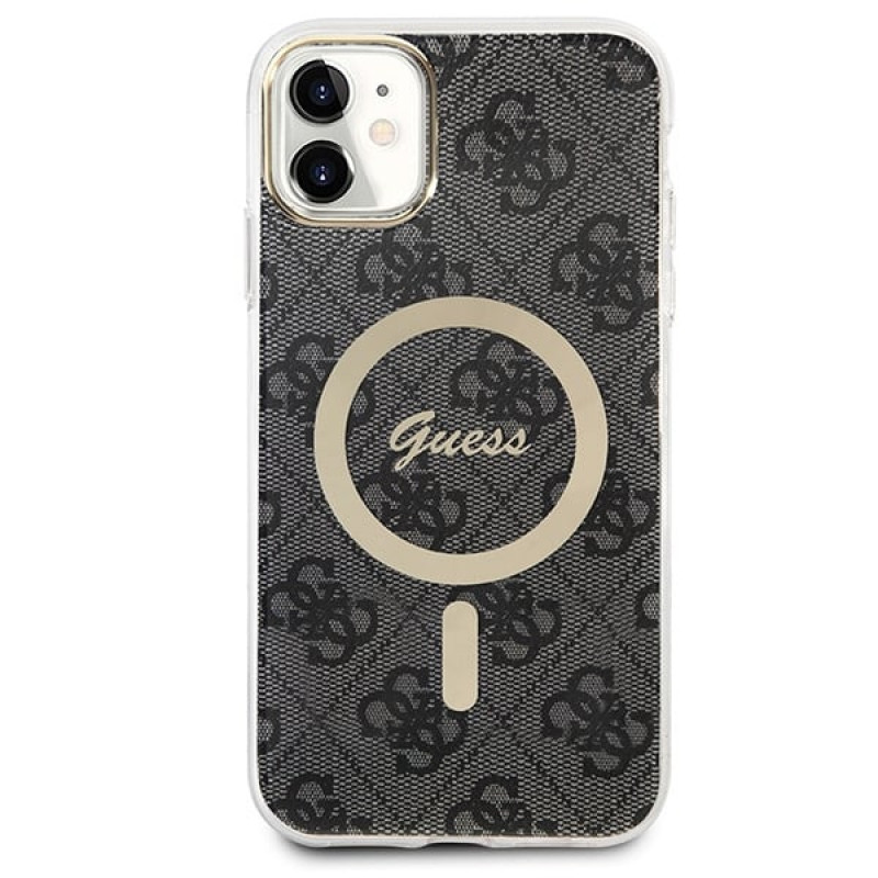 Guess GUBPN61H4EACSK Custodia + Caricatore wireless per Apple iPhone 11, 4G Print, custodia rigida nera, MagSafe