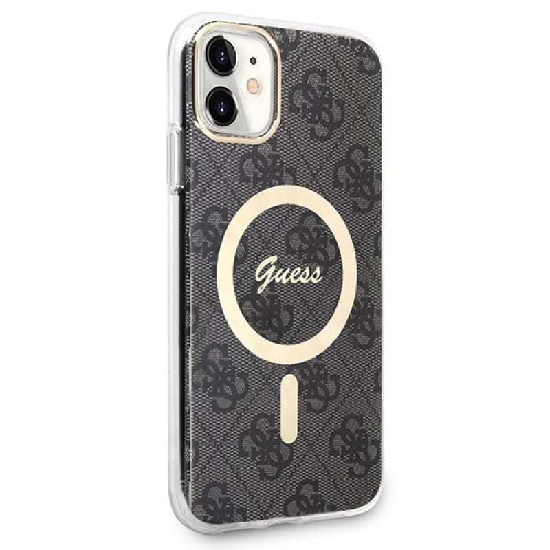 Guess GUBPN61H4EACSK Custodia + Caricatore wireless per Apple iPhone 11, 4G Print, custodia rigida nera, MagSafe