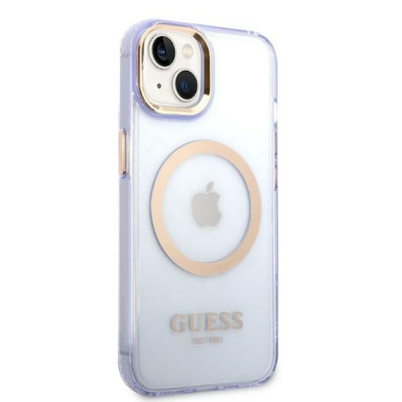 Custodia rigida Guess GUHMP14SHTCMU Apple iPhone 14 viola, Gold Outline Translucent, MagSafe