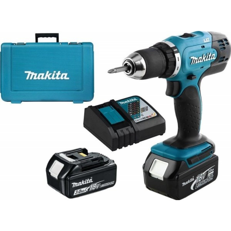 Trapano avvitatore senza fili Makita DDF453RFE con 2 batterie e mandrino autoserrante, nero/blu